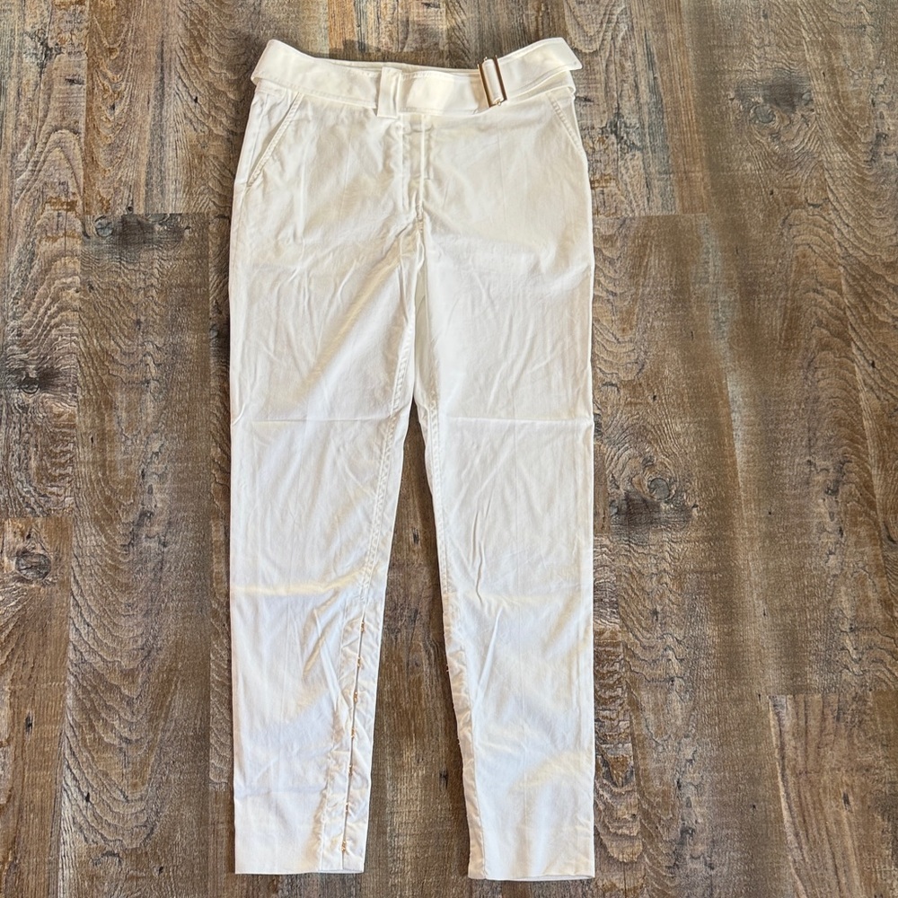 Yves Saint Laurent | White Straight Leg Pants with Gold Clip Detail on legs